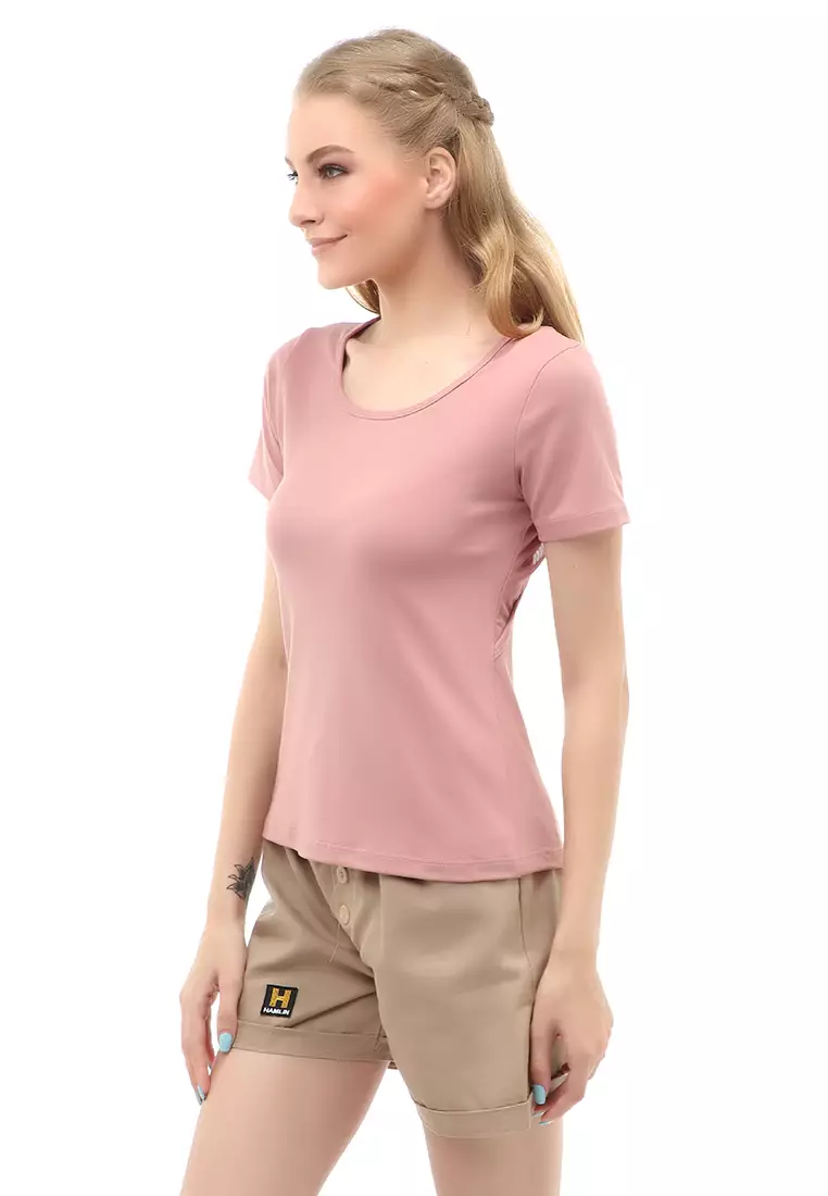 Wish Baju Olahraga Kaos Sport Wanita Lengan Pendek Sporty Shirt Jaring Transparan Material Polyester ORIGINAL - Peach