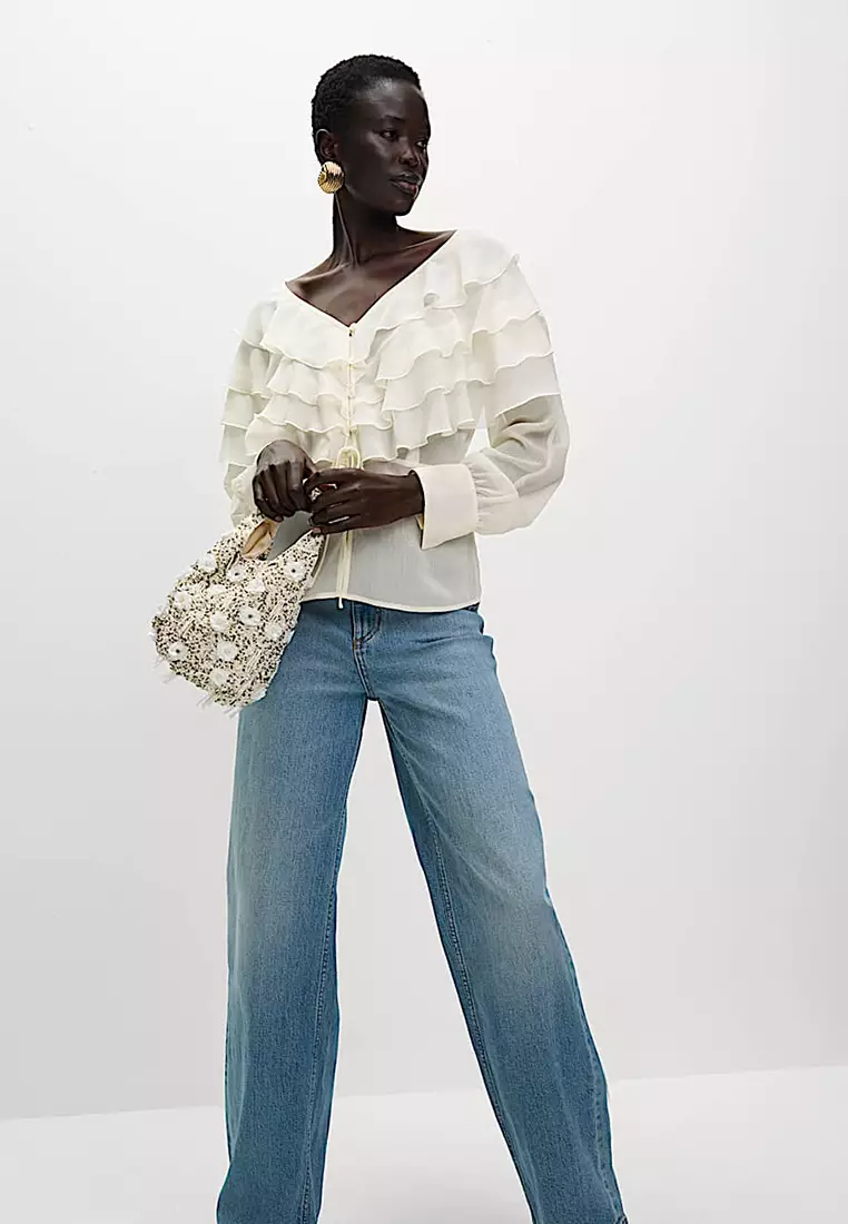V-Neck Ruffle Tie Detail Button Through Blouse