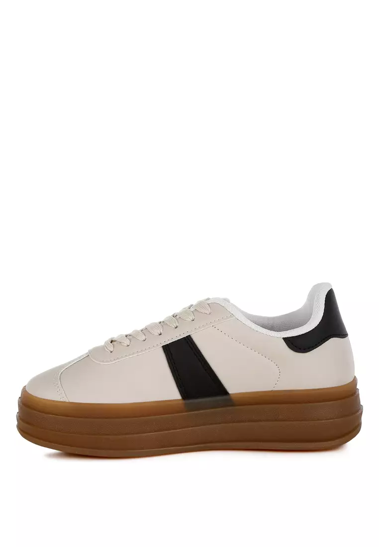 Faux Leather Lace-Up Sneakers in Off White