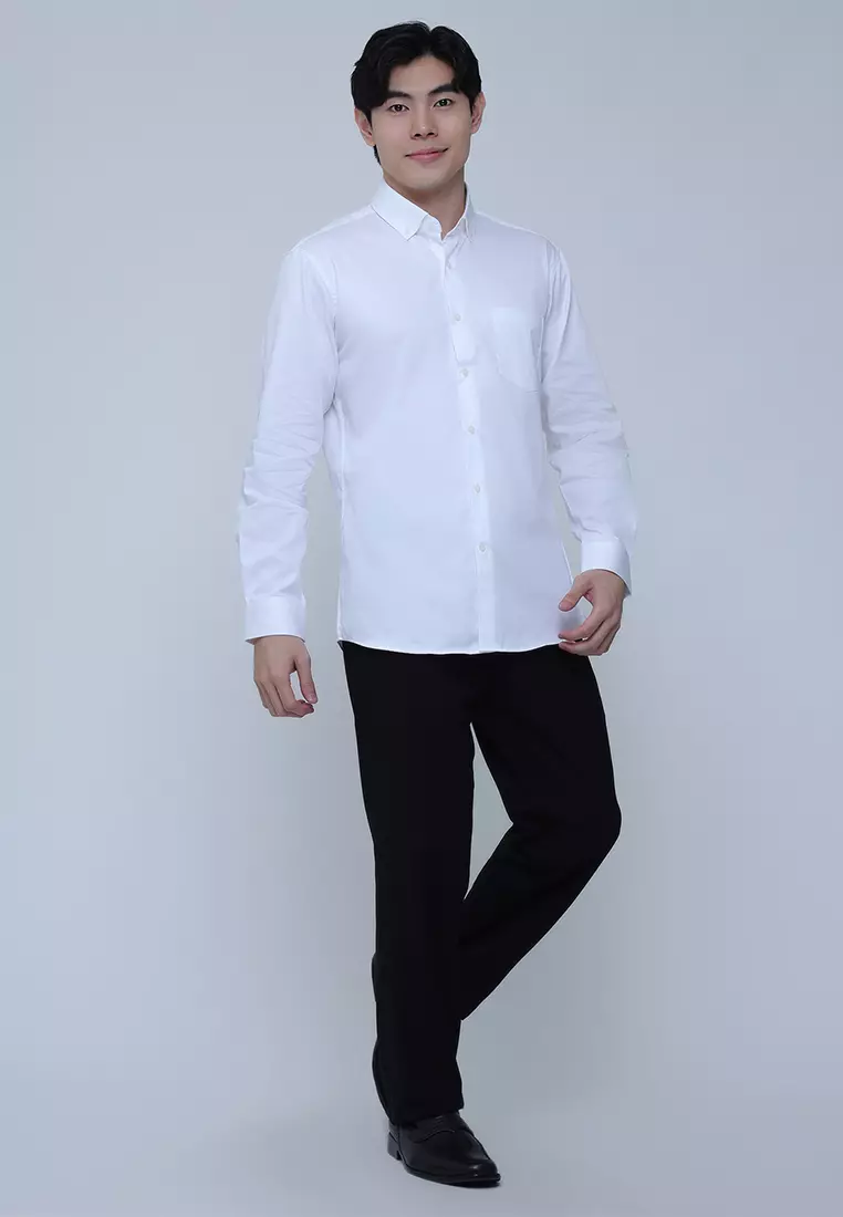 Slim Fit Solid Cotton Long Sleeve Dress Shirt