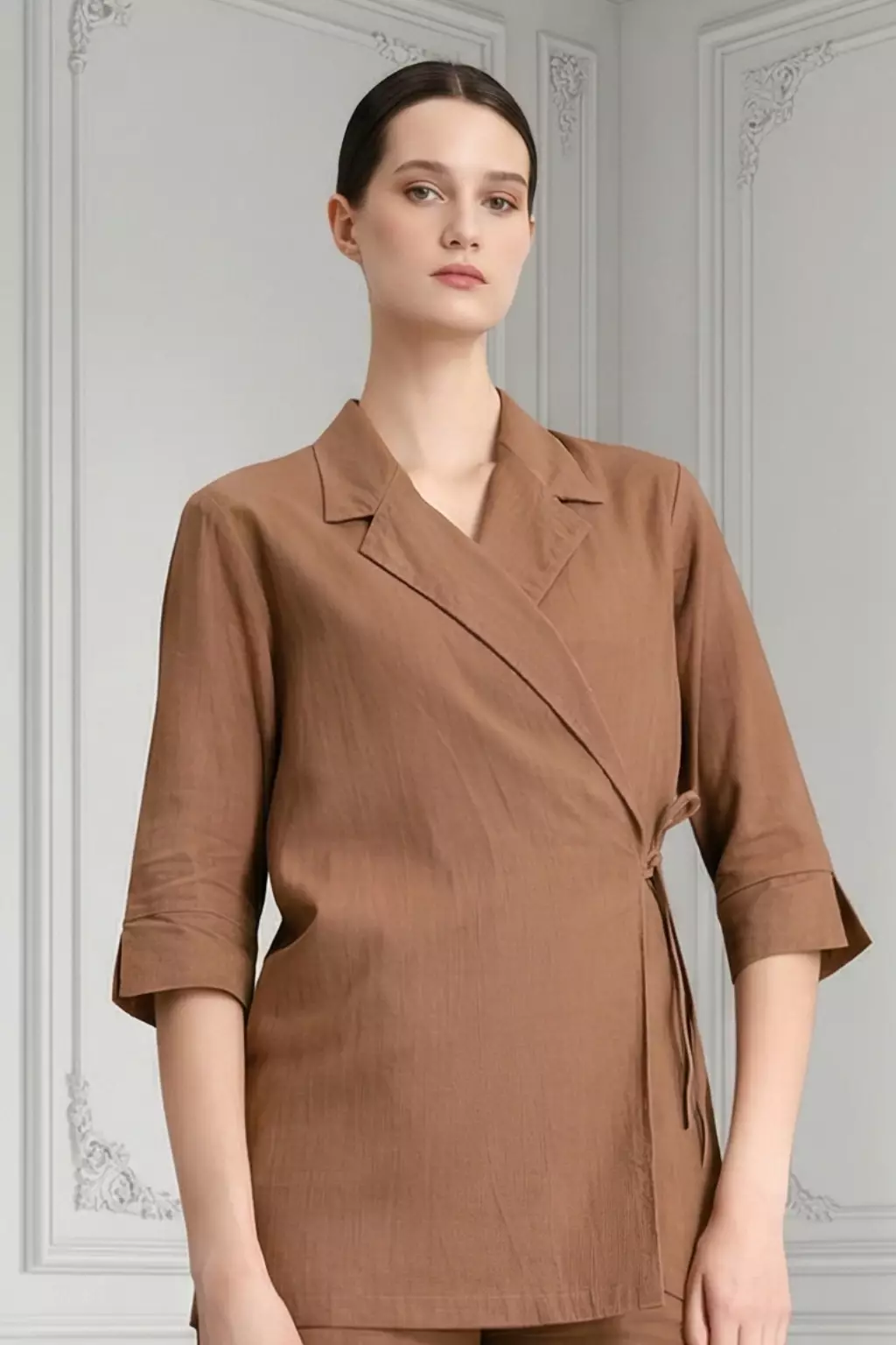 Essentials Linen Travel Set - Kimono Blazer Shirt with Straight Pants Brown (One Set Shirt & Pants)