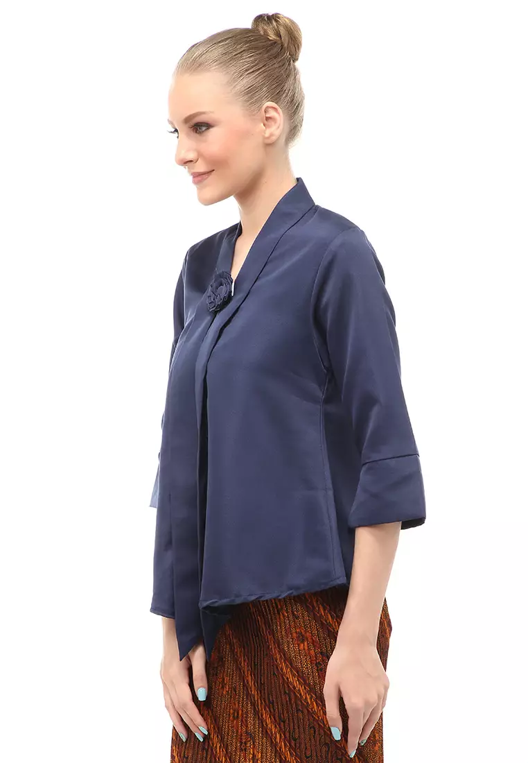 Elvia Kebaya Atasan Wanita Lengan Panjang Design Casual - Navy