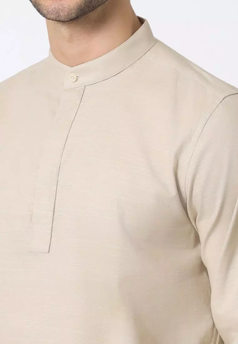 Cotton Well Oman Henley Shirt Cream │Kemeja Koko Basic Lengan Panjang Krem