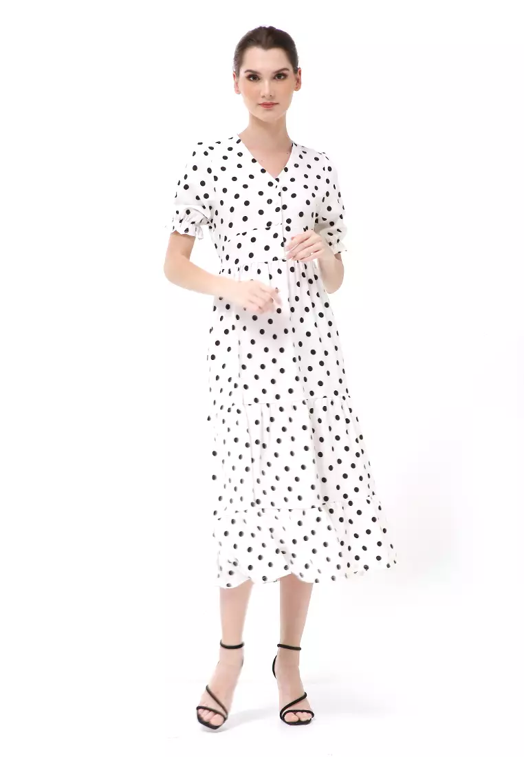 Rachel Midi Dress Wanita Vneck Lengan Pendek Desain Karet Material Polyester ORIGINAL - White