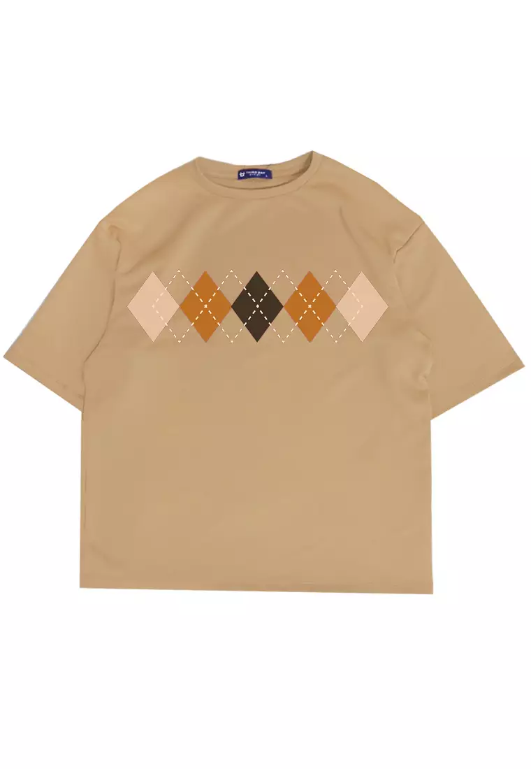 MTM35 kaos oversize korea argyle diamond motif sweater rajut coklat khak