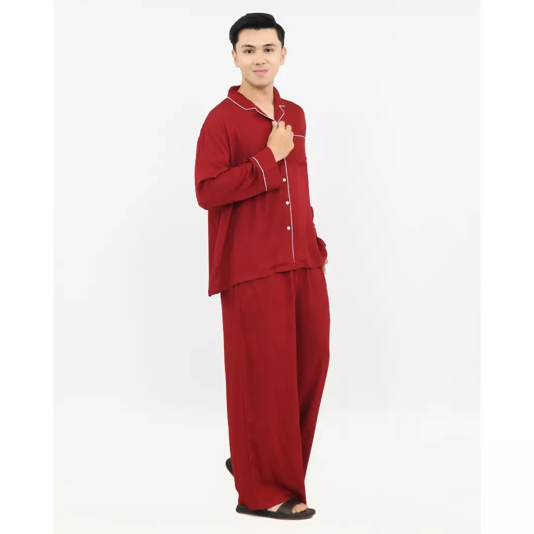 Setelan Baju Tidur Panjang Piyama Pria Plain [MERAH] One Set Sleepwear Pajamas Material Katun Size M-XXL