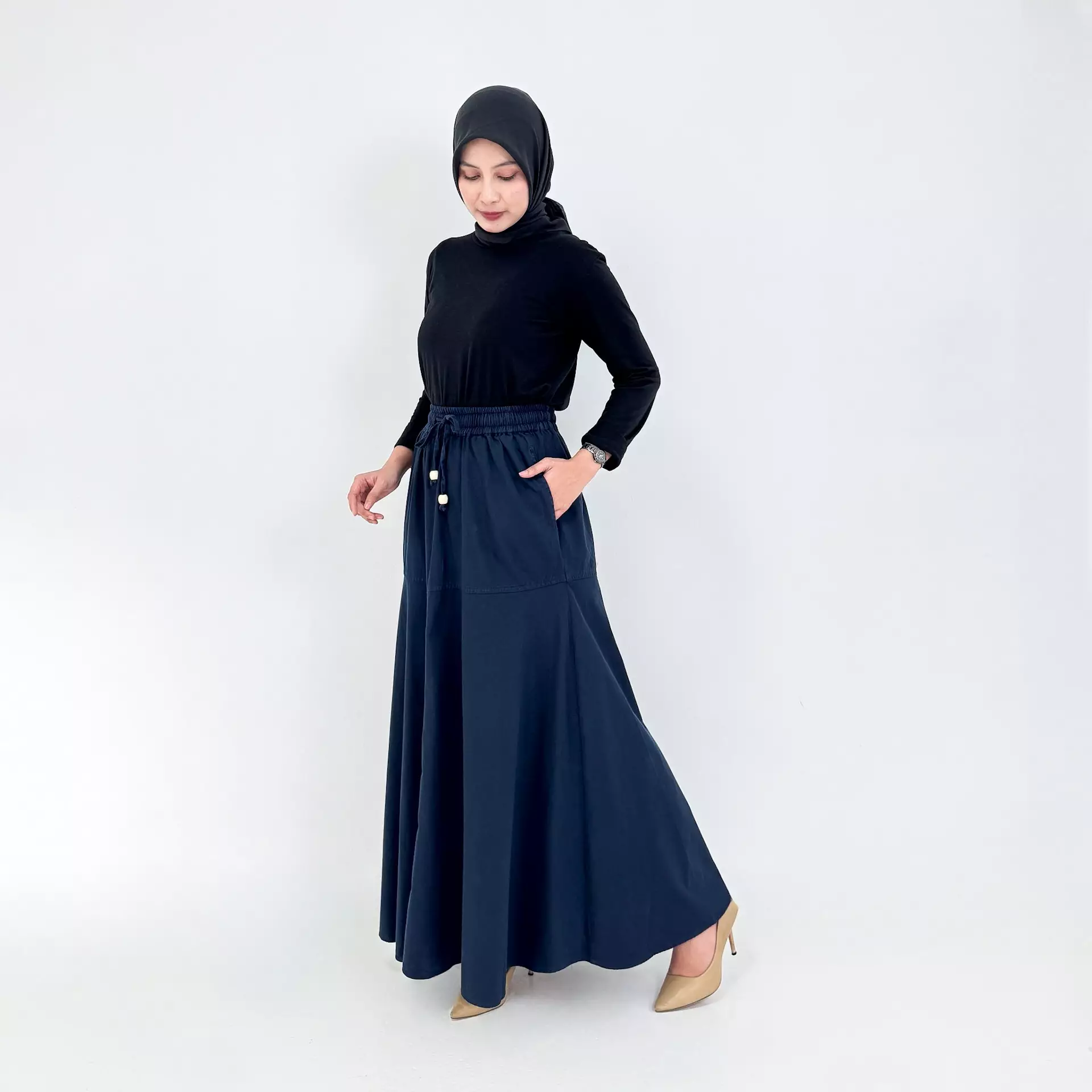 Sarah Cotton Skirt [NAVY] Rok Panjang Polos Flare