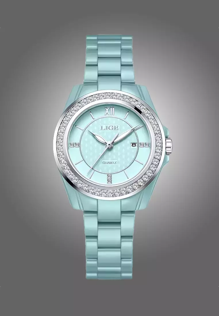 Ladies Alloy Quartz Watch, 32mm , Paved with Crystals, Ceramic Bracelet