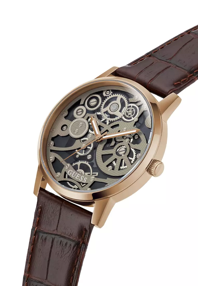Guess GW0570G2 - Jam Tangan Analog Pria - Rosegold Stainless Steel Case - Brown Leather Strap