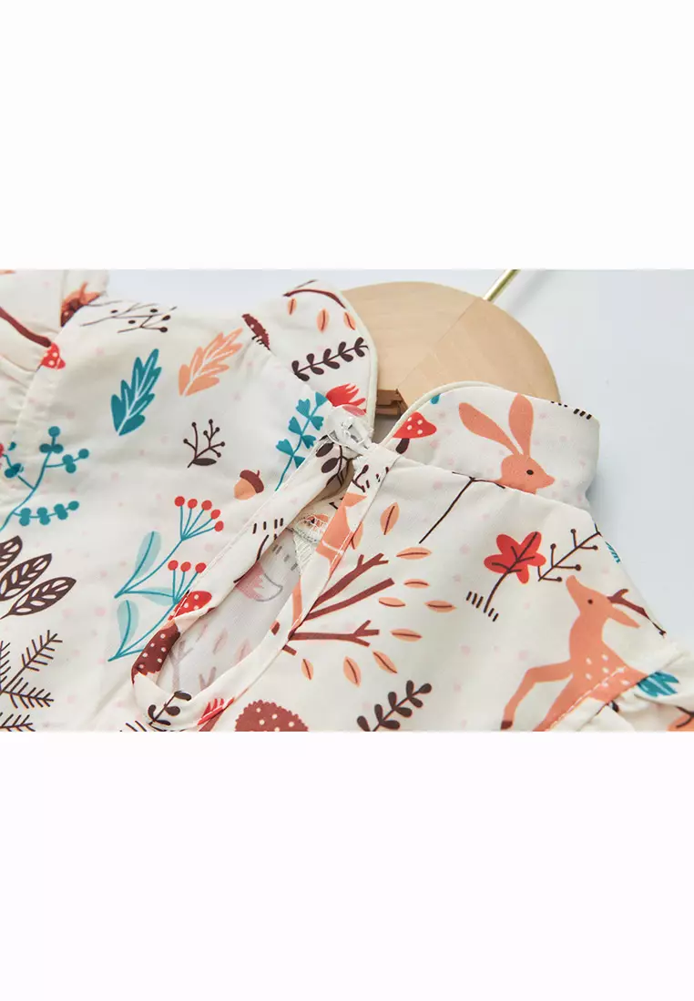 女童印花漢服唐裝褶邊袖裙狐狸森林新年拜年衣服