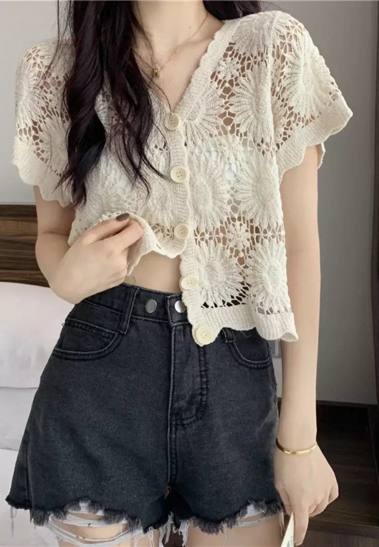 Buy Sunnydaysweety 2024 Summer New Hollow Crochet Short Sleeve Shirt ...