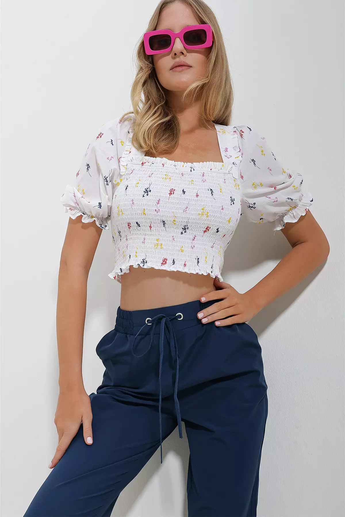 Patterned Square Neck Crop Blouse