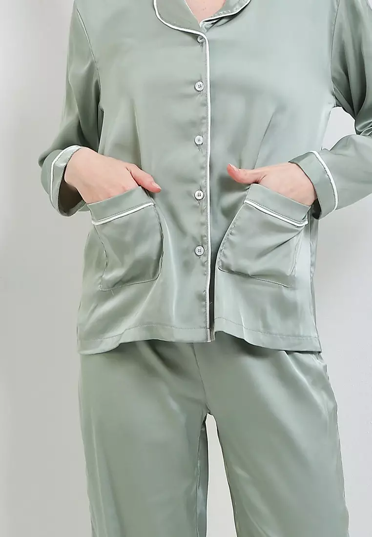 Piyama Pyjama Baju Tidur Satin Silk Long Sleeve Long Pants Sleepwear