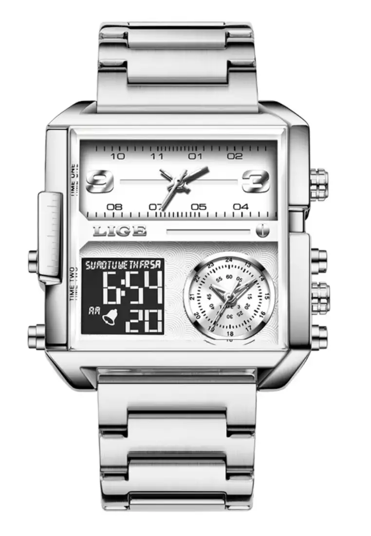 Unisex Analogue/Digital Chronograph with Two Time Zones, Stainless Steel Quartz Watch, 42mm(W) X 40mm(H), Stainless Steel Bracelet