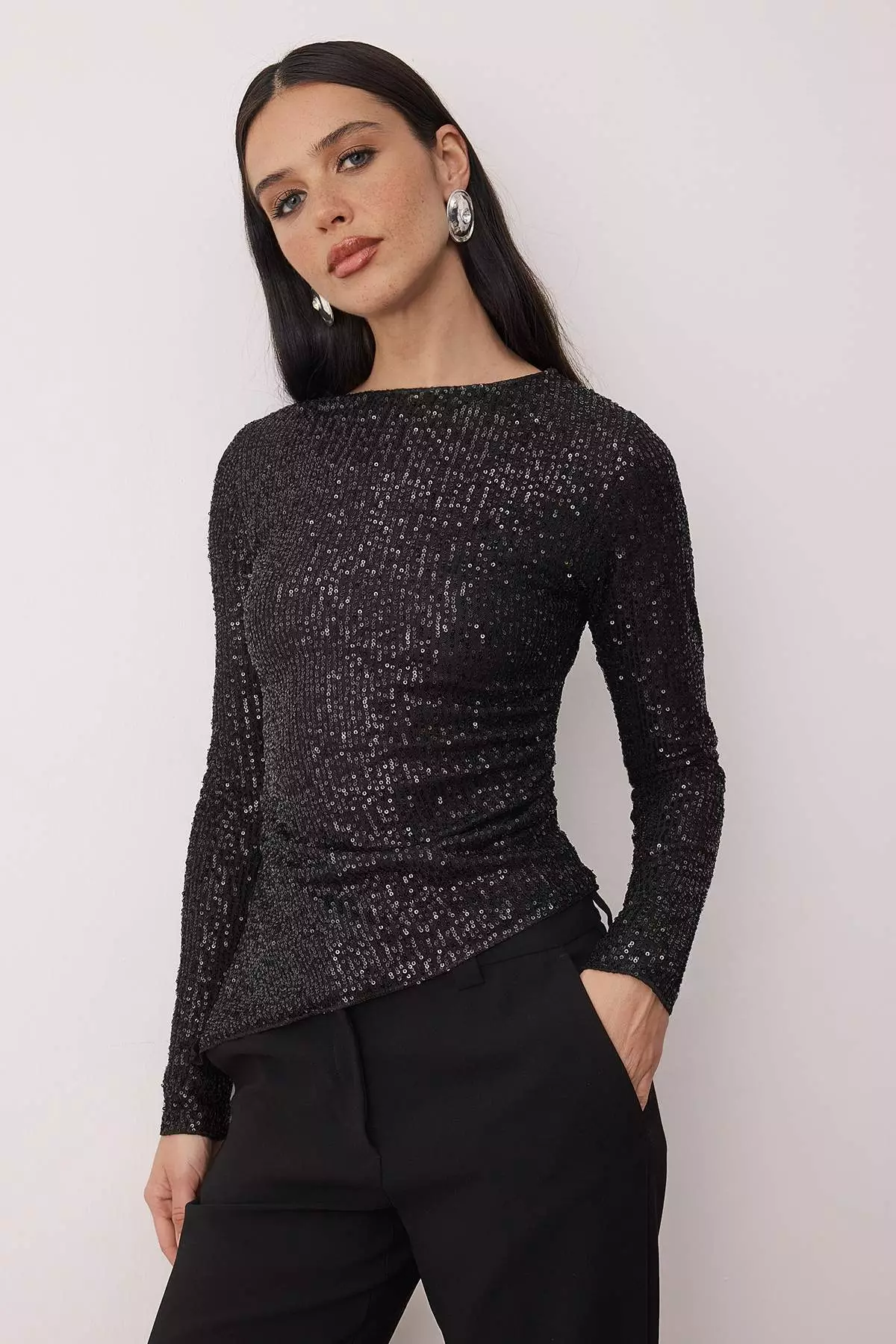 Black Boat Neck Knitted Party Blouse Tpraw26Bz67