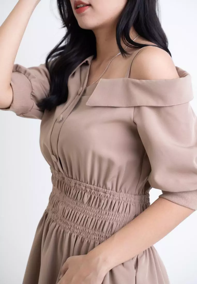 SIDE SHOULDER WITH ELASTICITY WAISTBAND DRESS