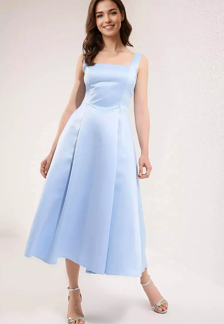 Light Blue Skirt Waist Open Woven Satin Midi Unlined Homecoming/Prom Dress