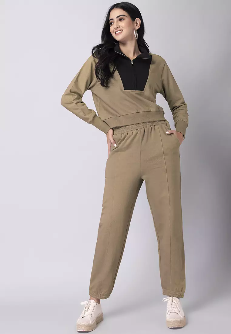 Beige Black Colorblock Sweatshirt and Joggers Set
