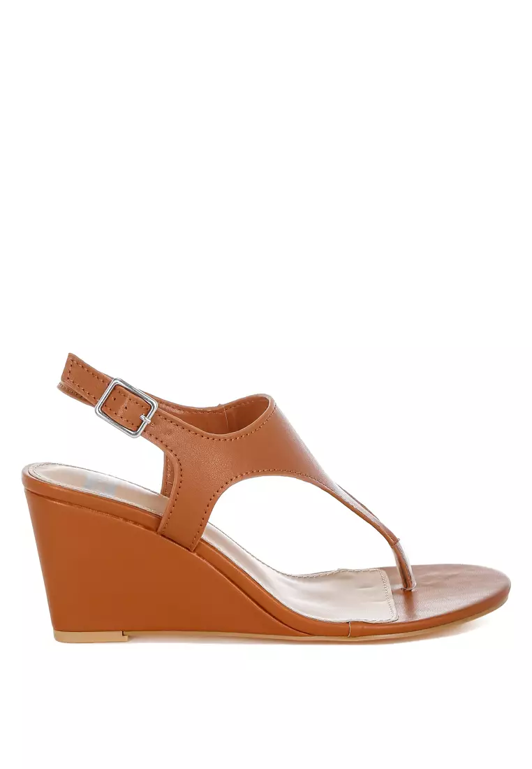 黃褐色真皮坡跟涼鞋