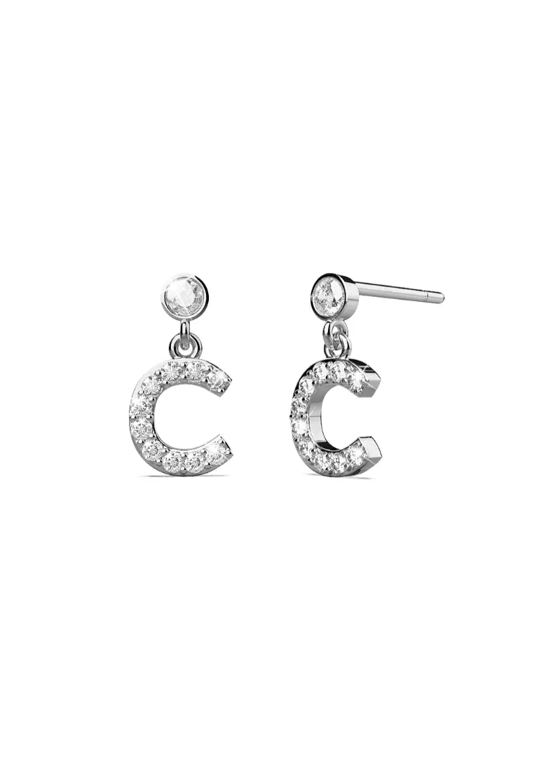 Solid 925 Sterling Silver Initial Crystal Personalised Alphabet Letter Earrings - C - Default