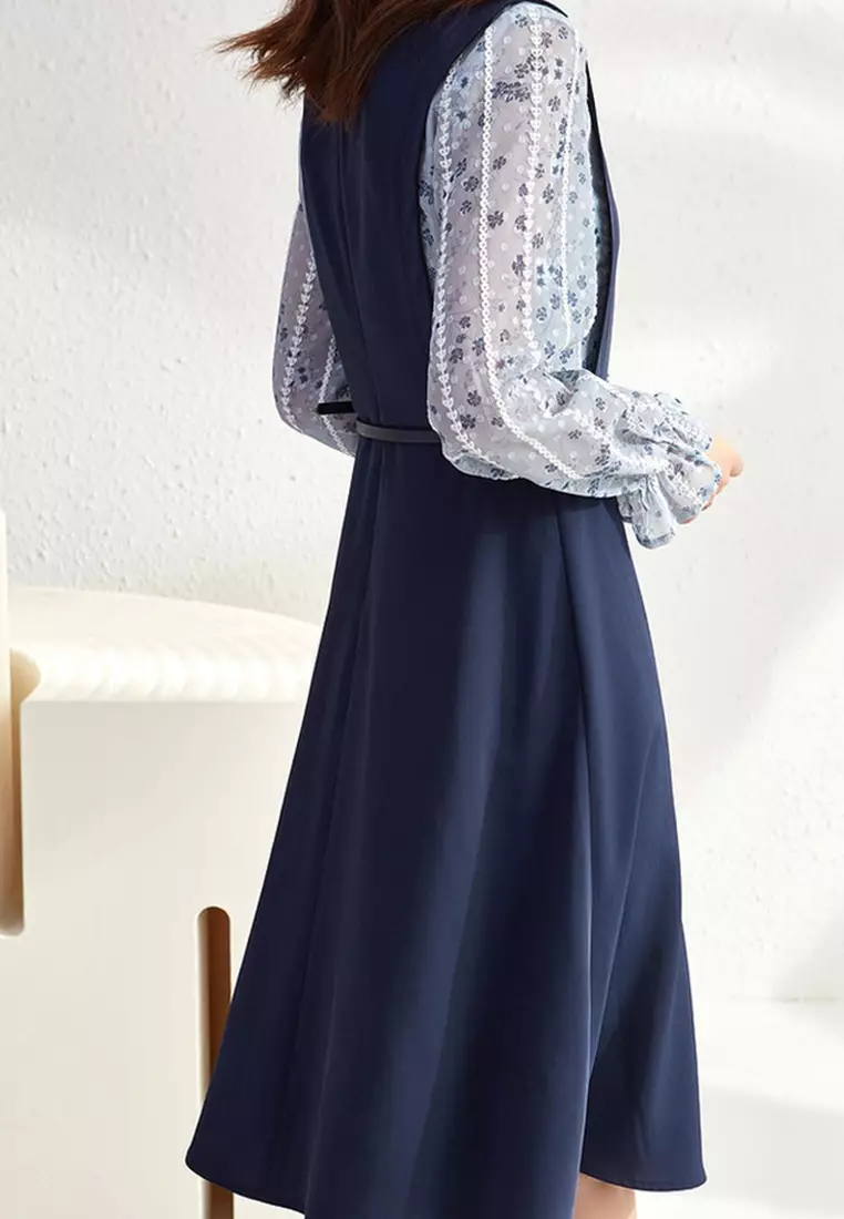 Vintage Floral Chiffon Long Sleeve Patchwork Dress (With Belt)
