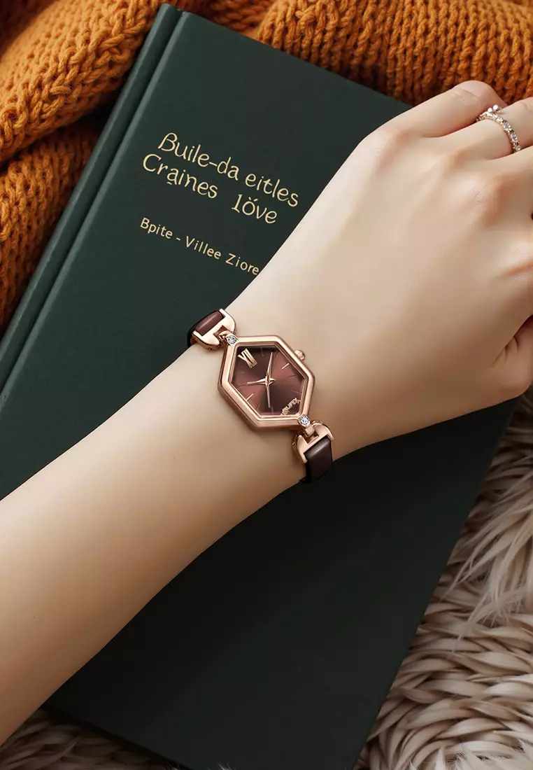 Jam Tangan Wanita Original Anti Air Tali Kulit Square Dial Gaya Korean Jam Tangan Cewek brown
