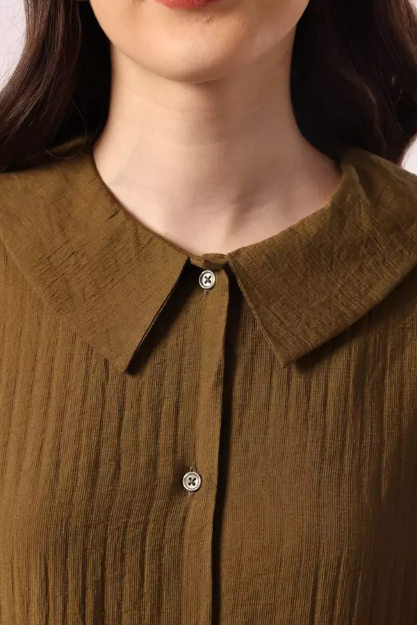 MINIMAL - Baverlie - Dress Midi Motif Garis - Dark Olive Warna Olive_Dark