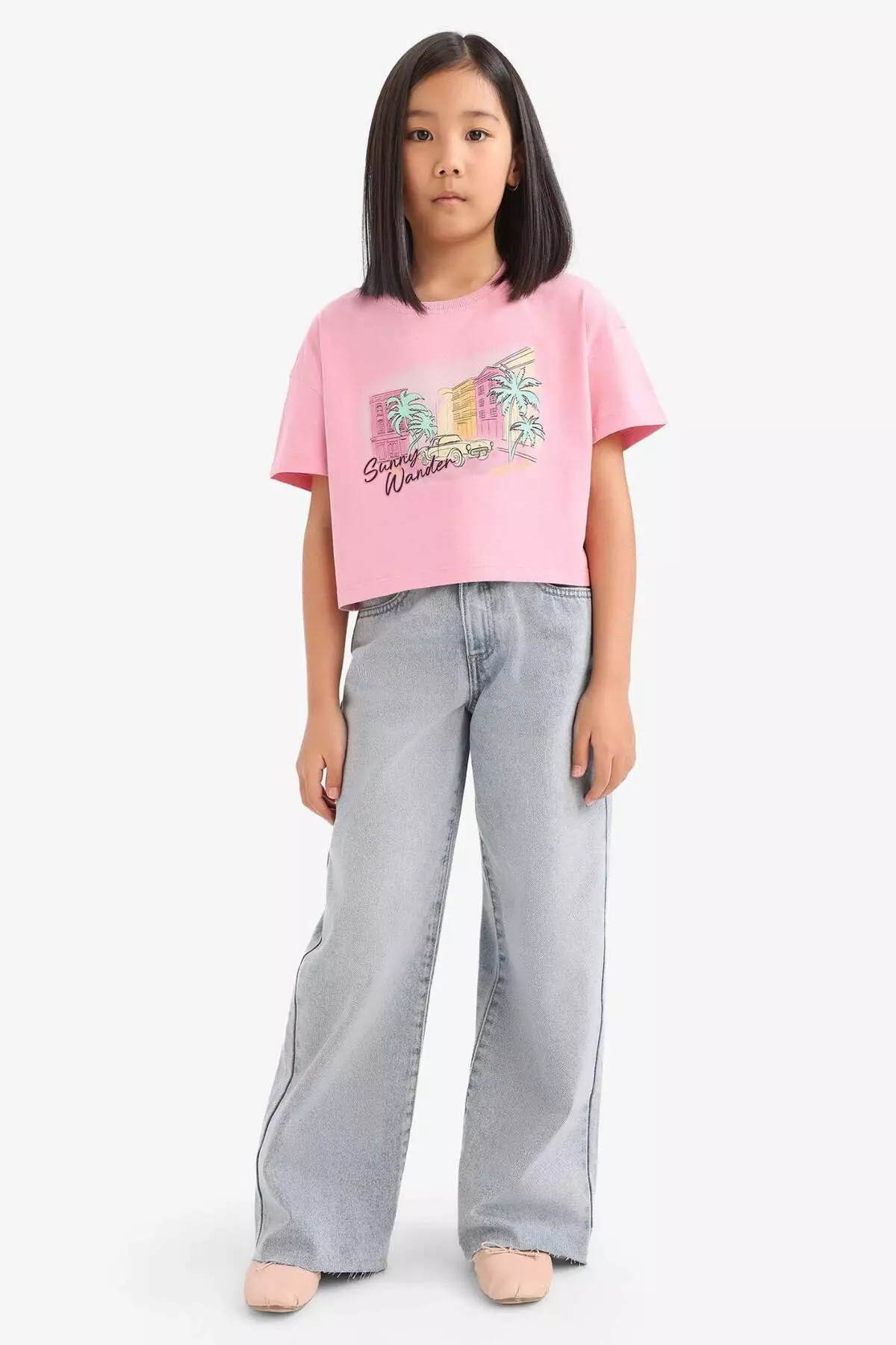 Girl's Crew Neck Printed Short Sleeve T-Shirt E0384A825Sm