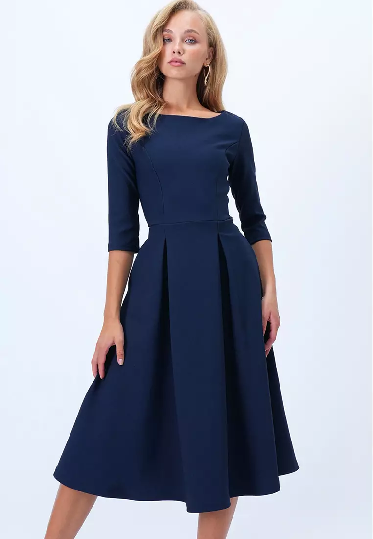 Boat Neck Flared Midi Dress
