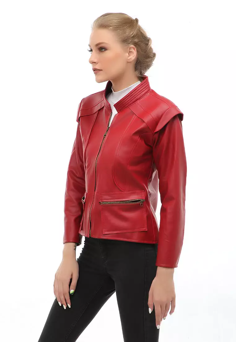 Glenice Jacket Kulit Casual Wanita Zipper Pocket Material Leather ORIGINAL - Red