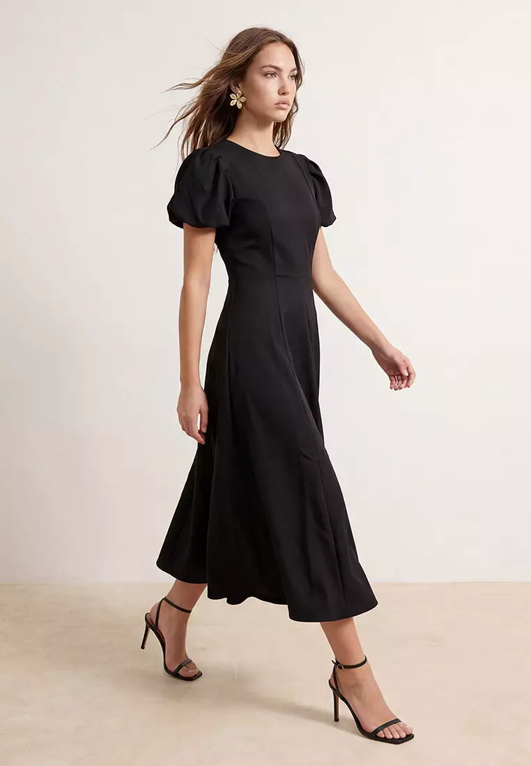 Black Princess Sleeve Midi Woven Dress Twoss26El892