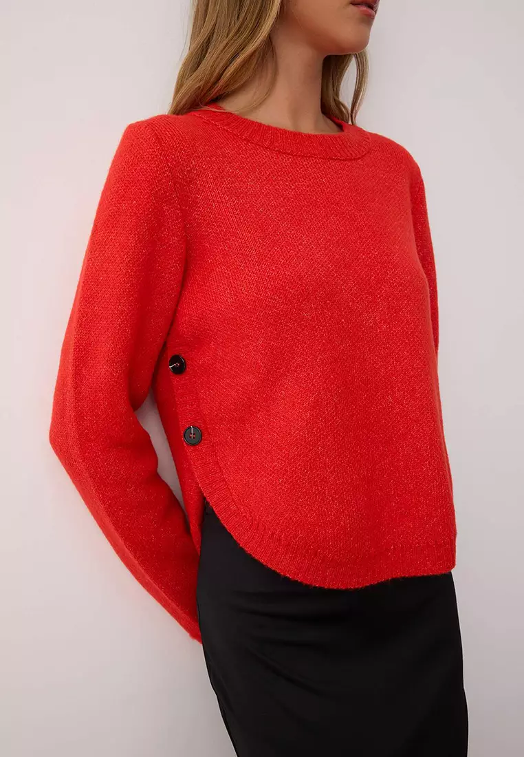 Red Wide Fit Soft Textured Button Detailed Knitwear Sweater