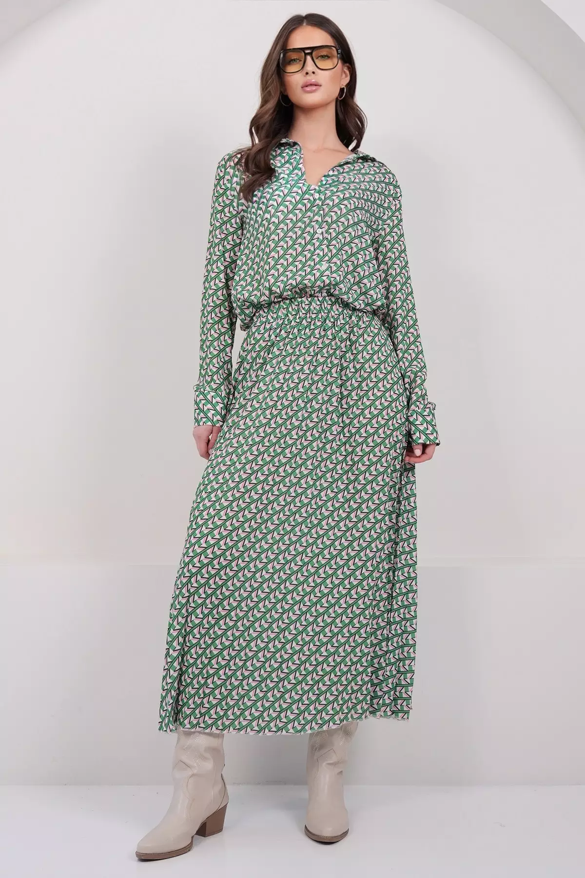 Green-Fuchsia Wide Cuff Oversized Patterned Shirt And Maxi Skirt Set