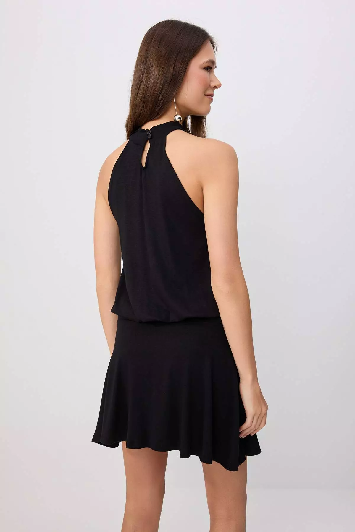 Black Open-Waist Halter Collar Sleeveless Mini Soft Knitted Dress Twoss26El00254
