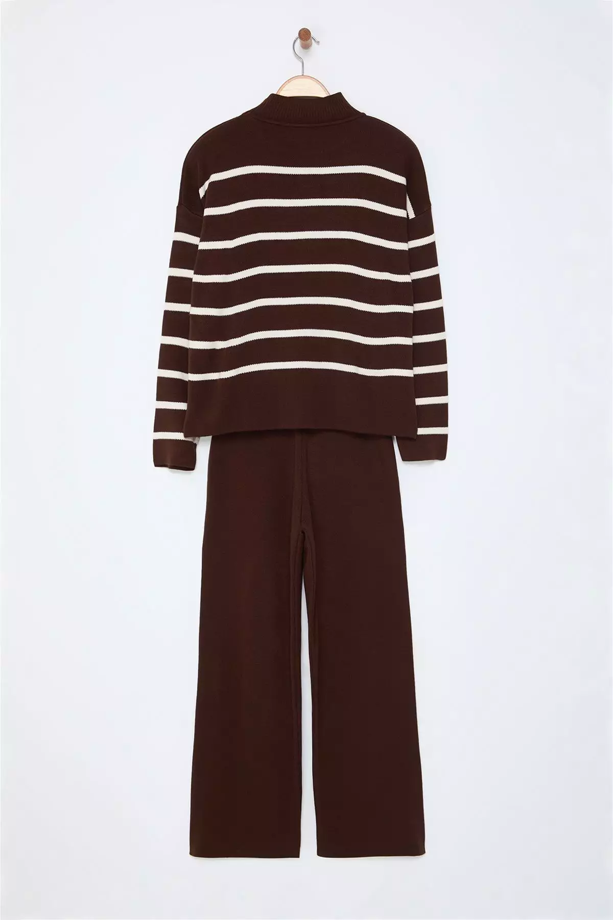 Brown Striped Knitted Trousers Bottom-Top Set Twoaw24Au00045