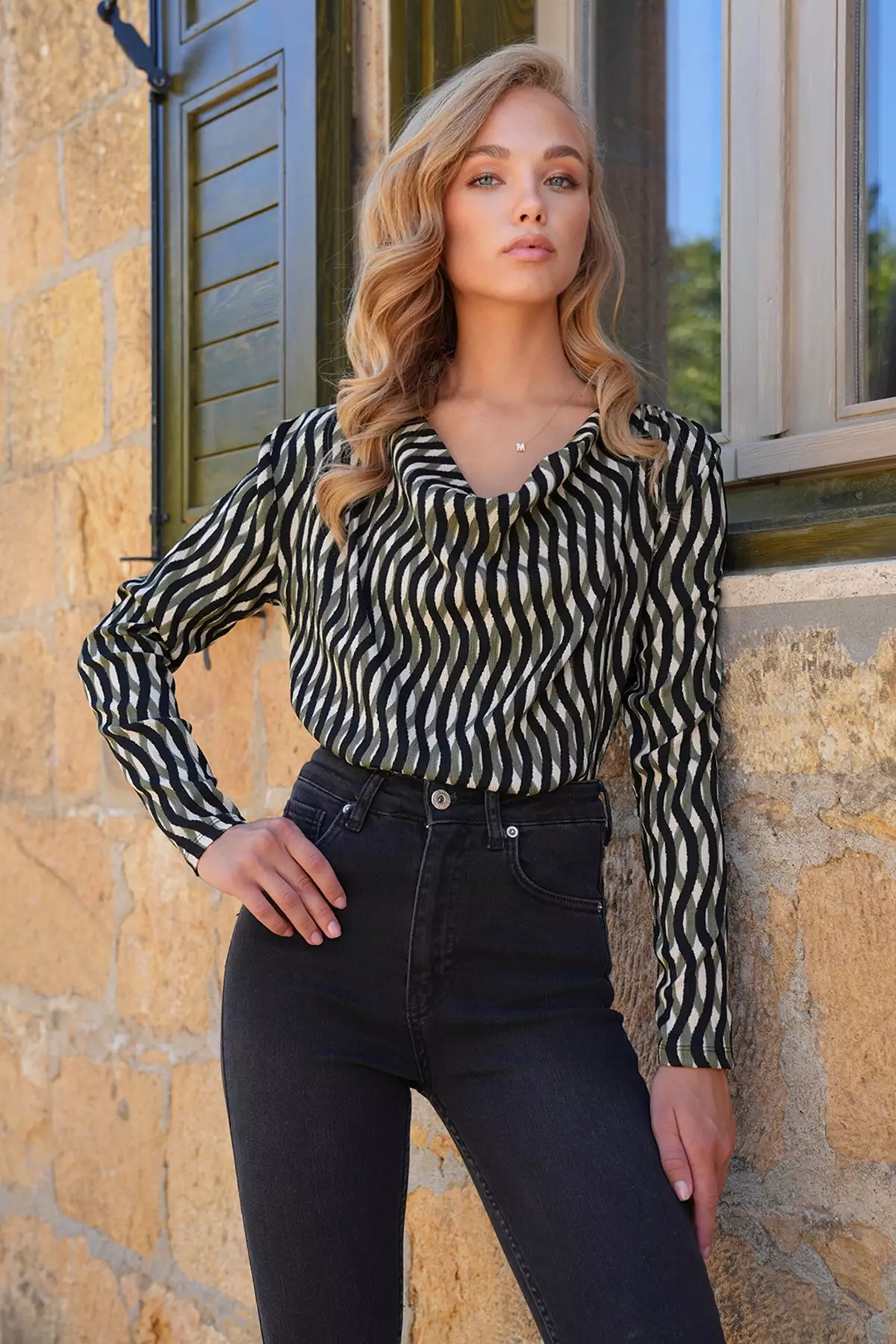 Women's Green-Black Cowl Neck Draped Shoulders Basic Blouse Alc-X14374
