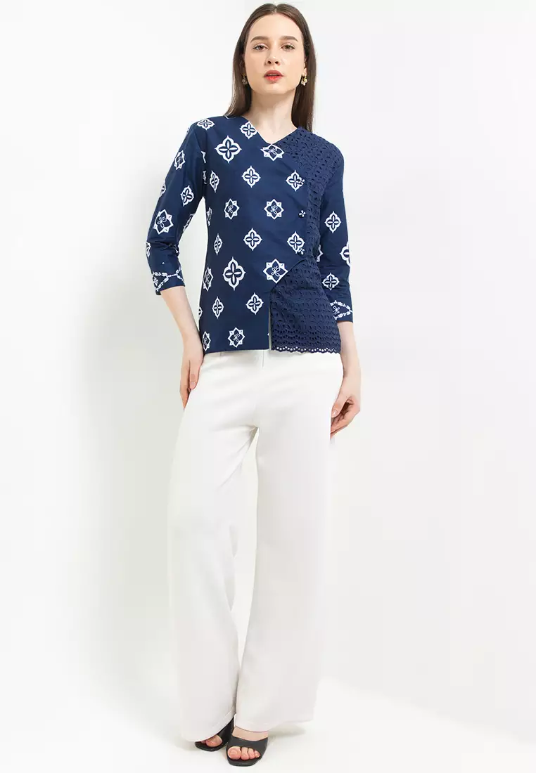 Blouse Atasan Wanita Iskara Katun Lace Lengan Panjang Blue