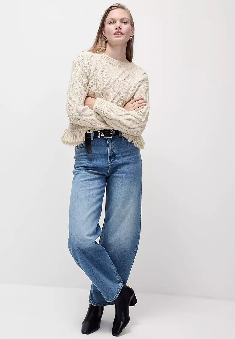 Crew Neck Cable Knit Fringe Jumper