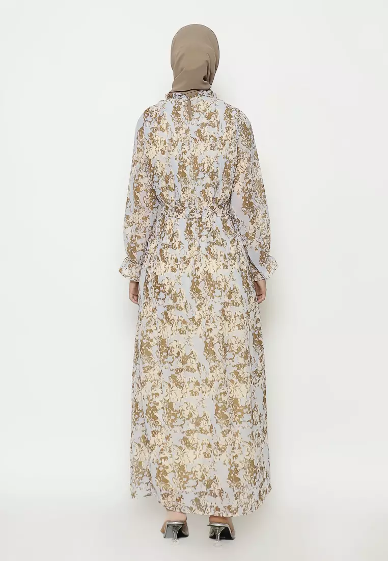 Urban Exchange Aiysah Gamis Blue - Gamis Printed Blue Pleat Warna Blue