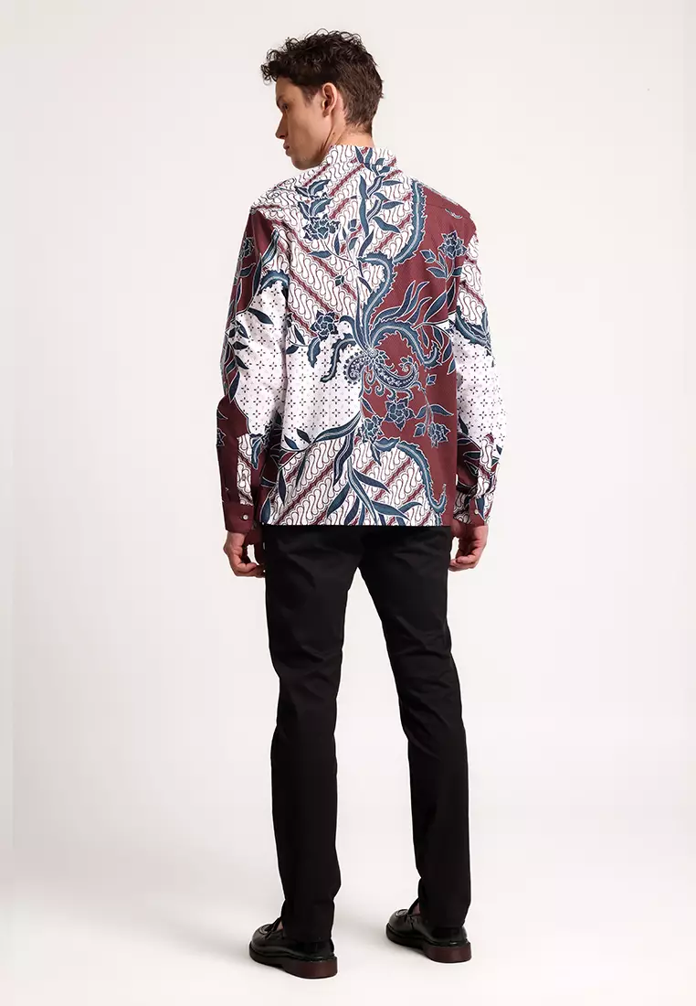 MANZONE - Kemeja Batik Lengan Panjang Pria Ardhana Comfort Fit - Maroon Warna Maroon