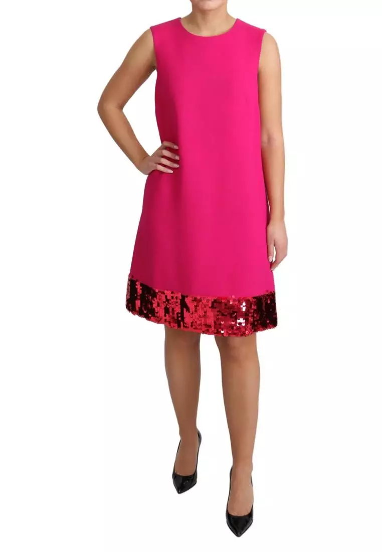 Dolce & Gabbana Fuchsia Wool Sequin Shift Sleeveless Dress