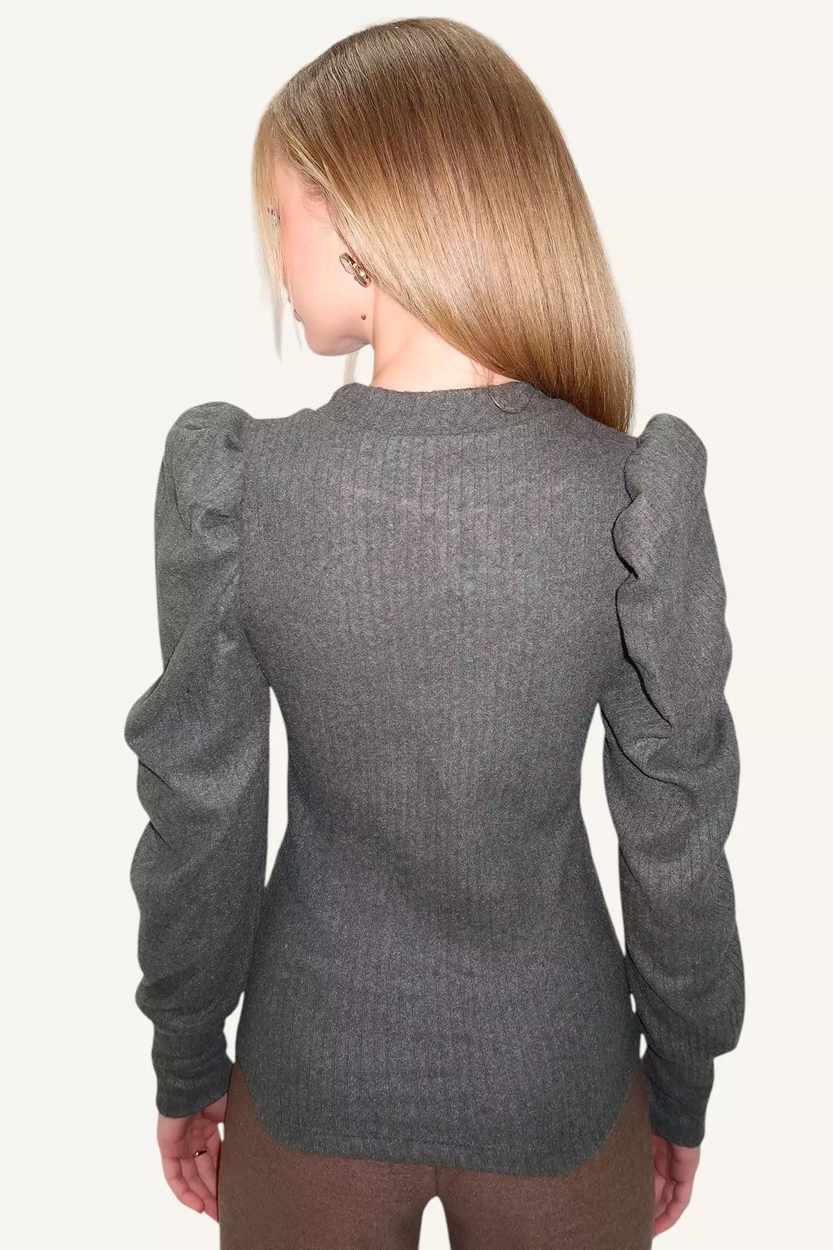 Women's Khaki Crew Neck Drop Neck Princess Sleeve Knitwear Blouse