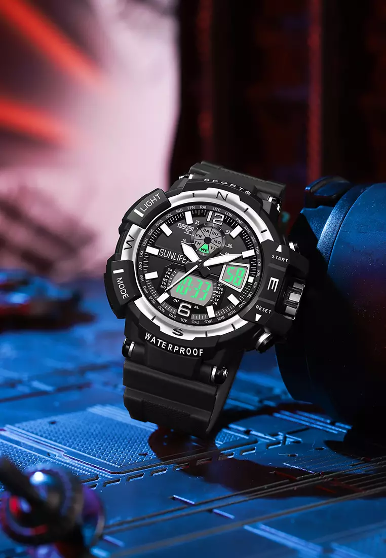 Jam Tangan Pria Digital&Analog Olahraga Bercahaya Multifungsi Alarm Jam Tangan Cowok D007 blacksilver