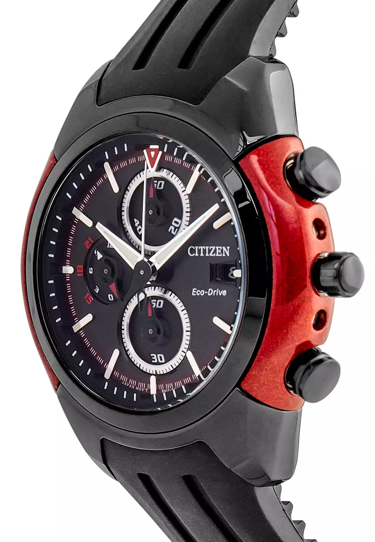Men's Prestige Chrono Black Synthetic Rubber Strap and Black Dial Eco-Drive Watch - CA0287-05E