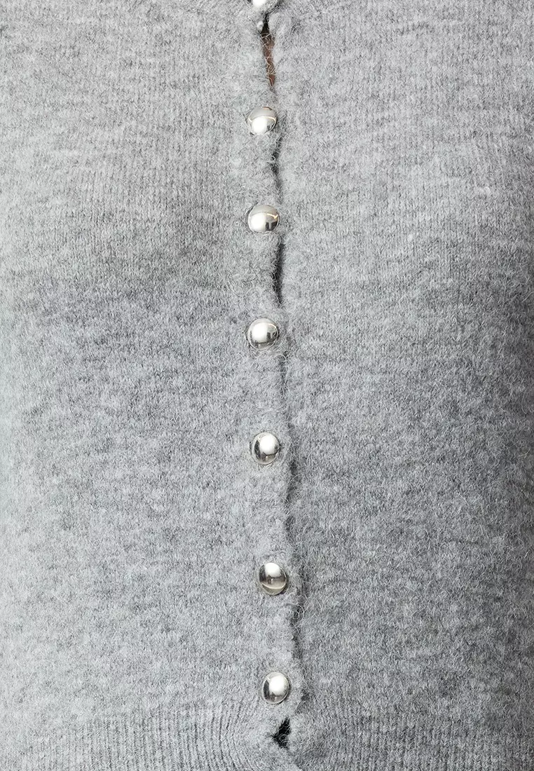 Gray Crop Cotton Wool Knit Cardigan TWOAW25HI00152