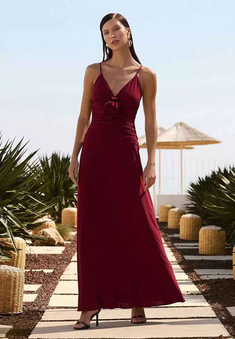 Burgundy Rose Detailed Knitted Maxi Elegant Evening Night Graduation Dress TPRSS25AE00180