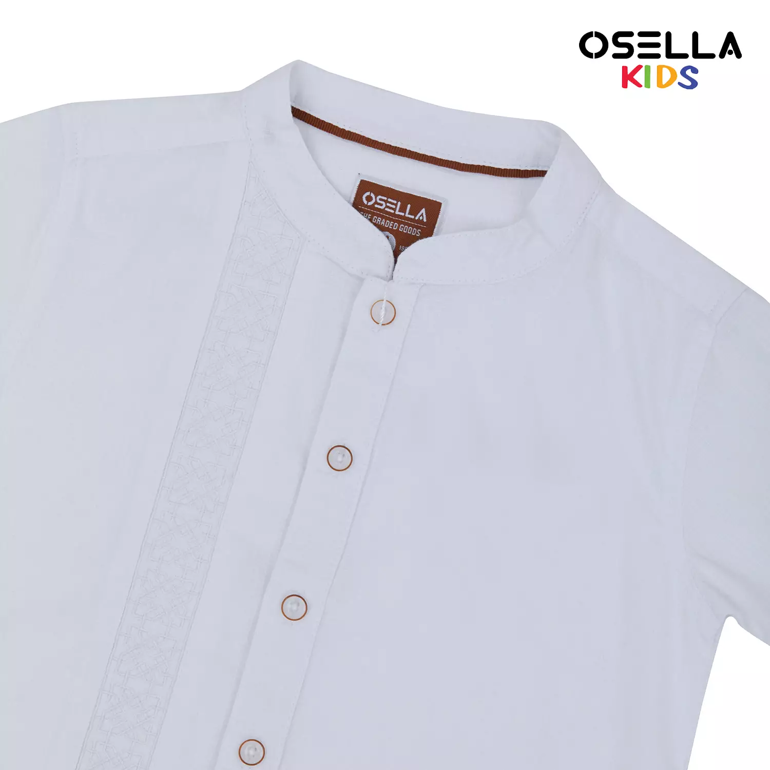 Osella Arka Embroidery Short Sleeve Shirt With Stand Collar In White 2232520801 | Atasan Kemeja Lengan Pendek Anak Laki Laki