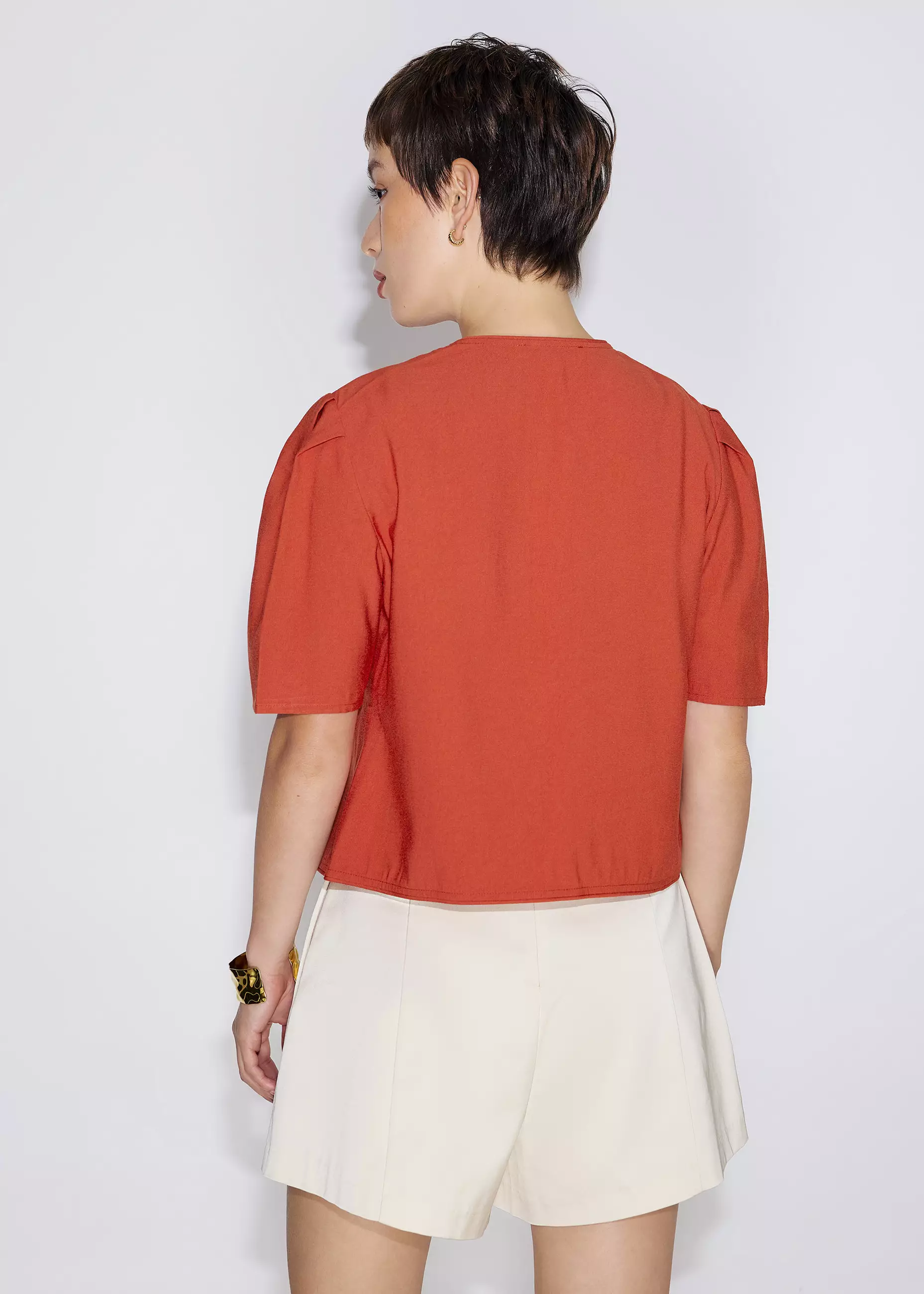 Atasan Wanita - Relaxed Cotton Front Tie Puff Sleeve Shell Top