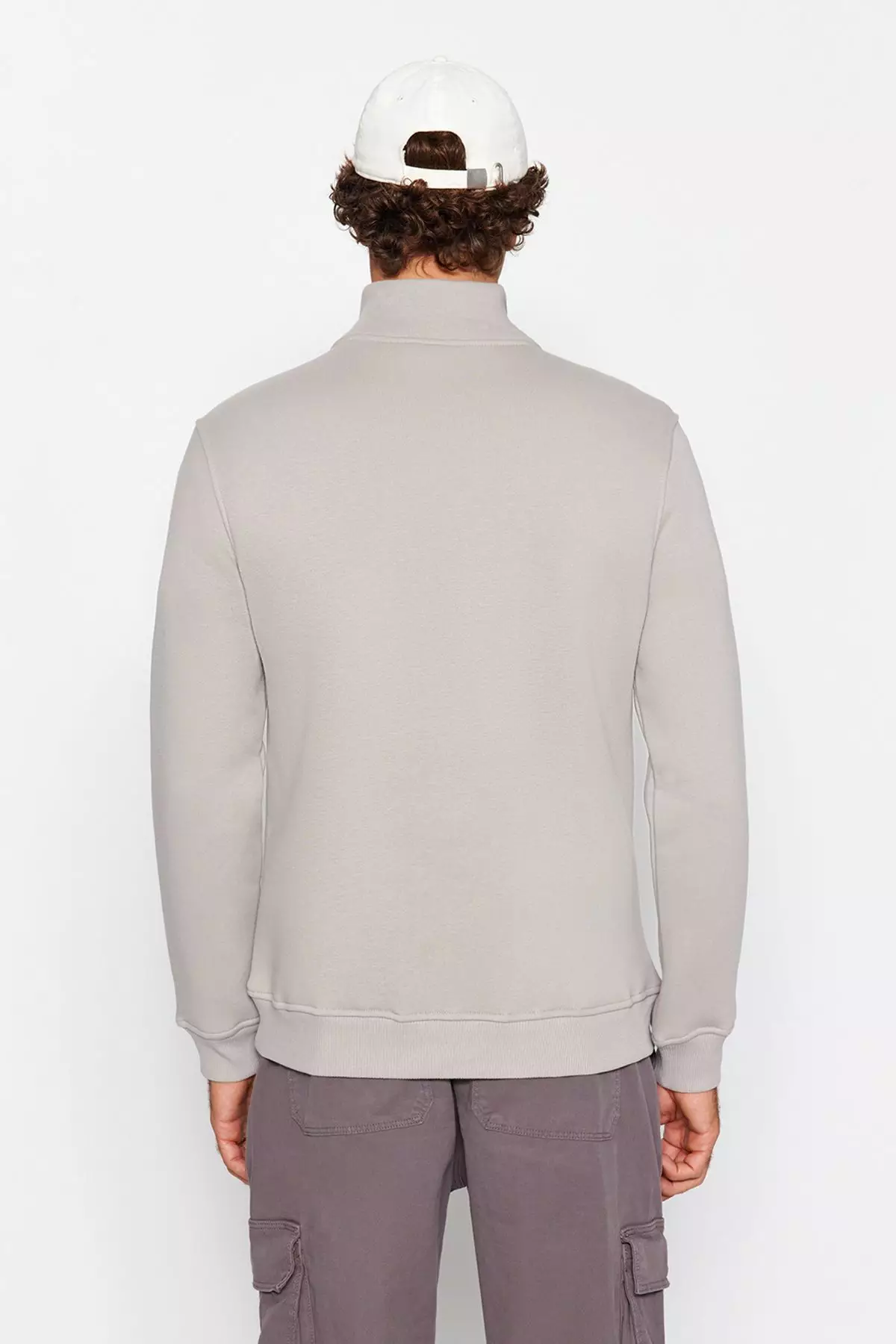 Grey Regular/Normal Cut Stand Collar Zippered Cotton Basic Inside Polar Fleece Sweatshirt TMNAW24SW00041