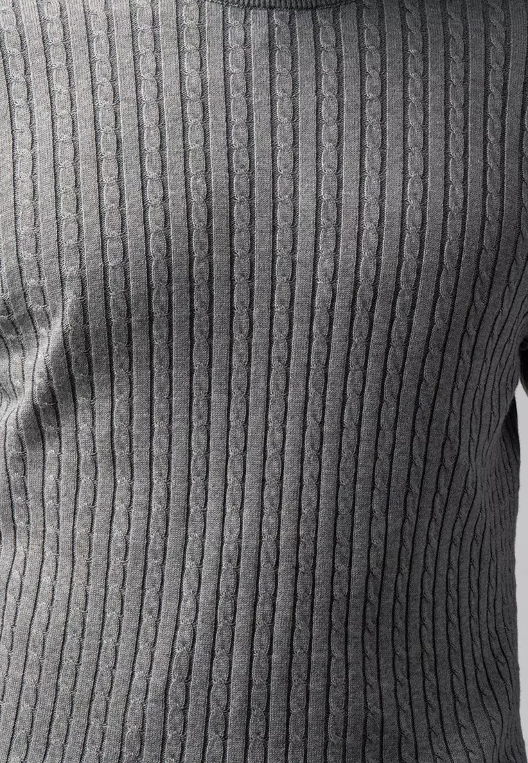 Mens Cable Knit Cotton Sweater Grey LS